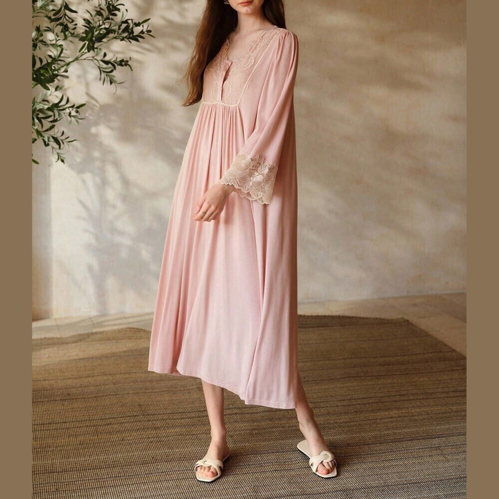 Blush Pink Lace Trim V Neck Long Sleeve Midi Lounge Sleep Dress